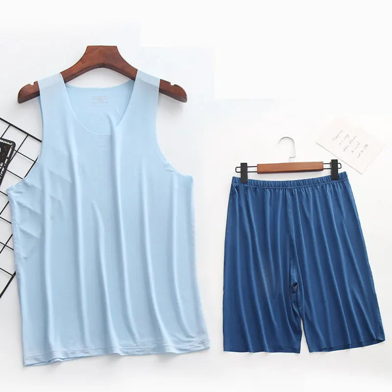 Mens Ice Silk T-Shirt & Short Pants 2Pcs Pijamas Sleep Set Ultra-thin Homewear Clothing Summer Pyjamas Sleepwear Nightwear Suit