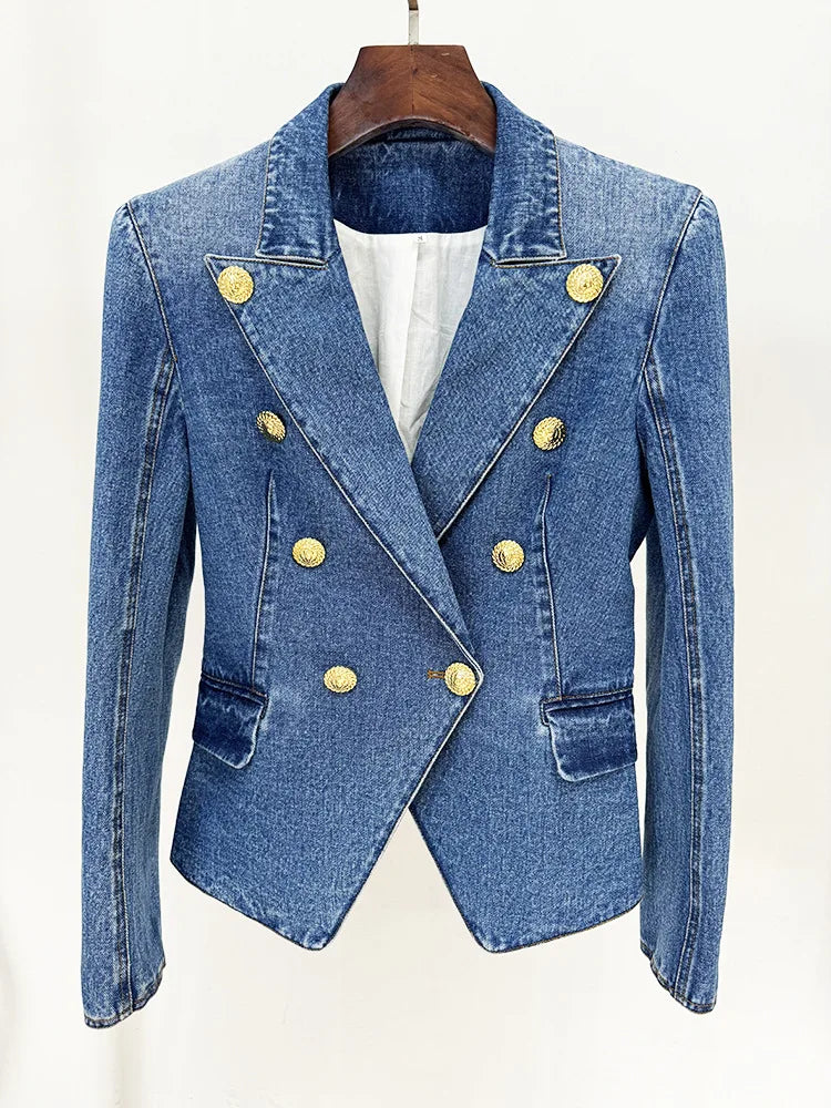 HIGH STREET Newest 2026 Designer Runway Blazer Women's Slim Fitting Double Breasted Lion Buttons Denim Jacket Mini Skirt