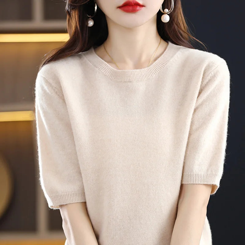 2025 New Spring Summer Women Sweater Short Sleeve O-Neck Pullover 100% Merino Wool Pure Color Knitted Jumper Female Clothing