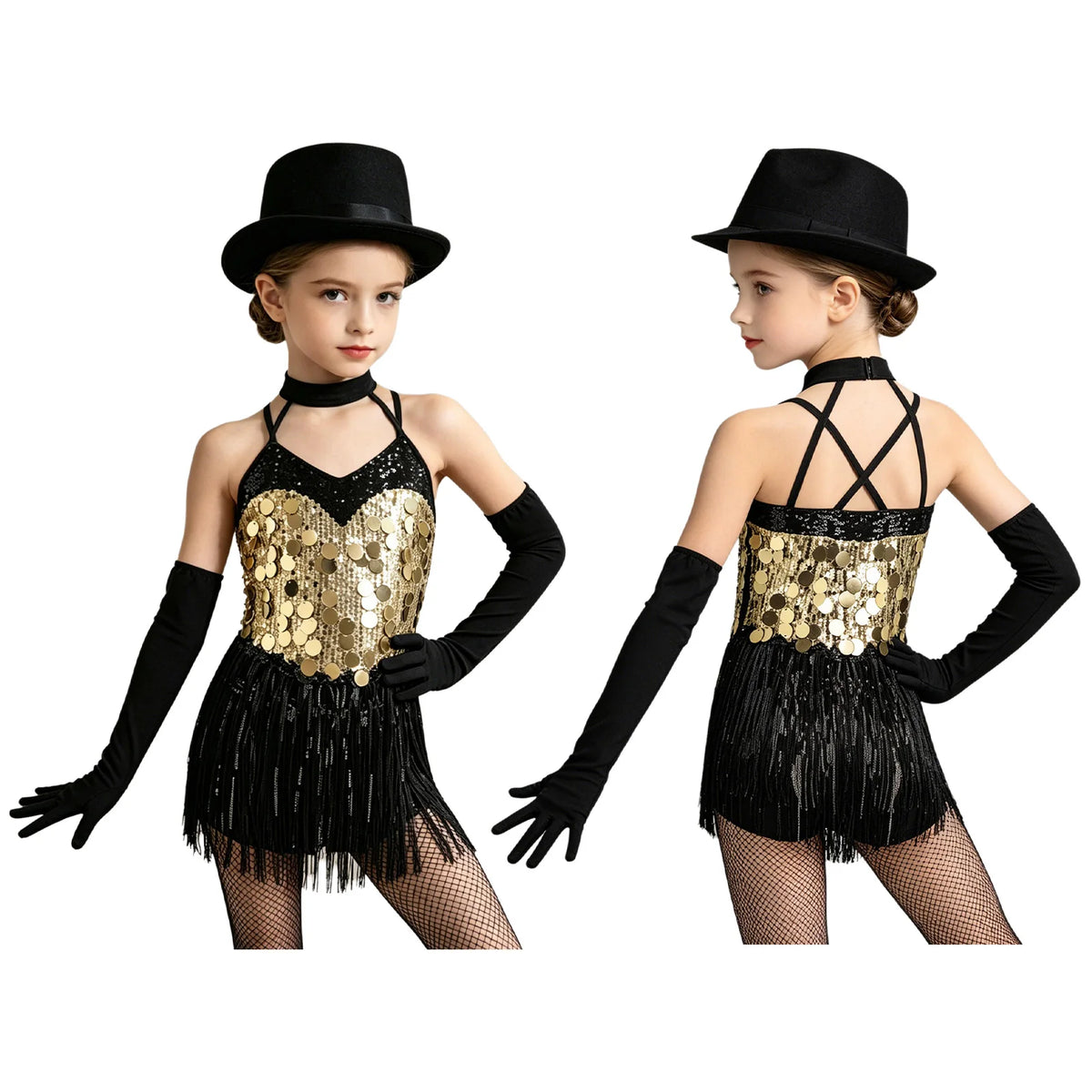 Kids Girls Latin Dance Dress Halter Sleeveless Shiny Sequins Fringed Leotard with Gloves Tango Samba Salsa Ballroom Dancewear