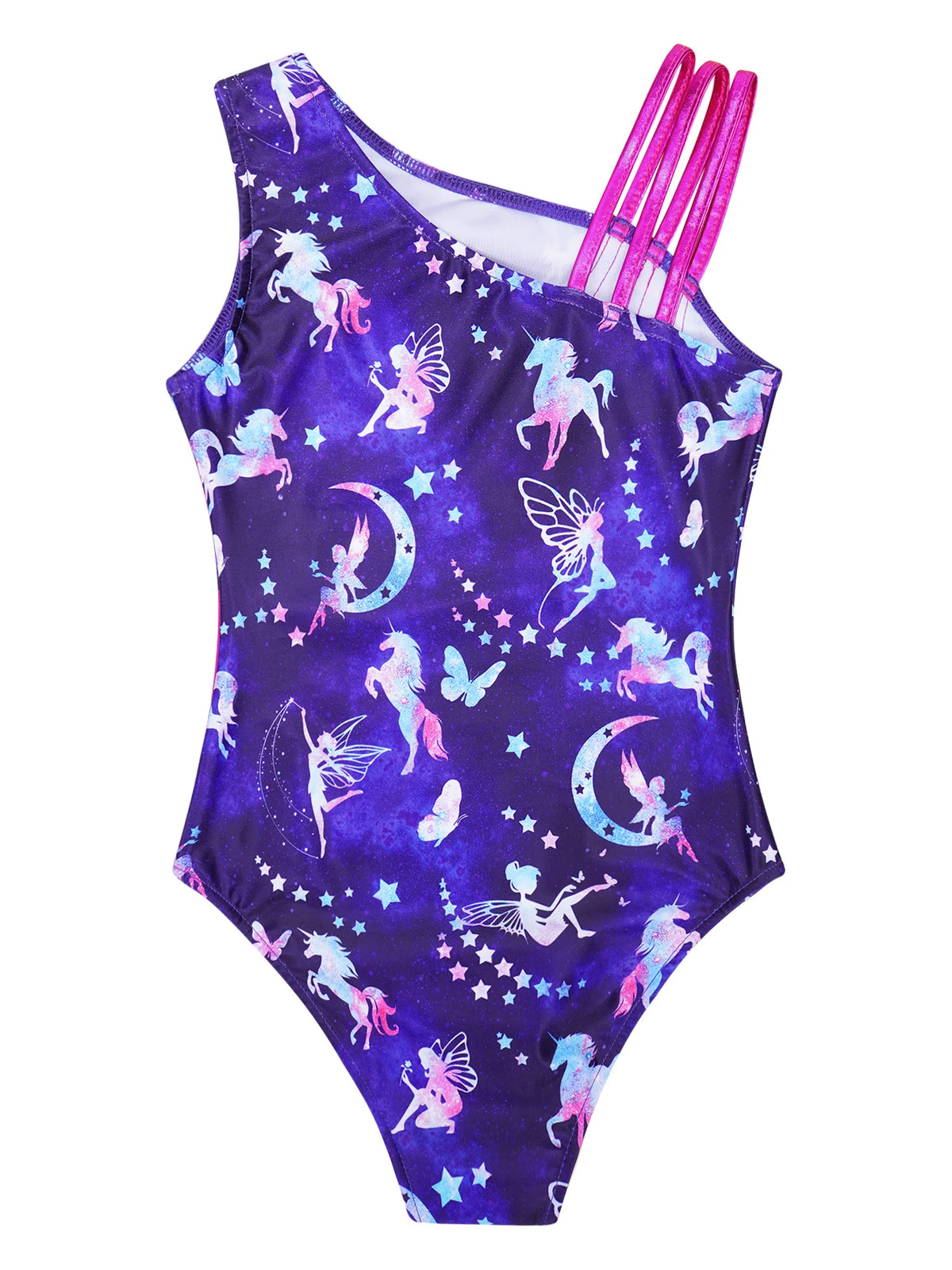 Kids Girls Gymnastics Swimsuit for Dancing Ballet Dancewear Metallic Shiny Leotard Print Asymmetrical Shoulder Strap Bodysuit