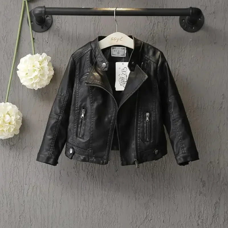 2025 Girls Boys Black Pu Zipper Jackets Kids Baby Leather Jacket  Cool Coat Children Clothes Overcoats Spring Autumn 2-14T