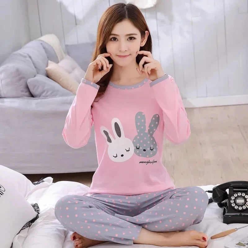 Autumn Thin 2Pieces Pyjamas Set Women 2026 Round Neck Girls Bear Pajamas Sets Teacup Cat Full Sleepwear Tops lovers Pajama Mujer