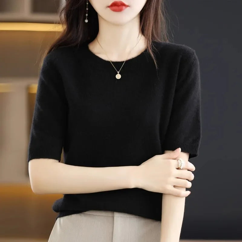Spring Summer Women Sweaters Short Sleeves O-neck Bottoming Shirts Knitwear 2024 Summer Knit Tops Pullovers Korean Jumpers