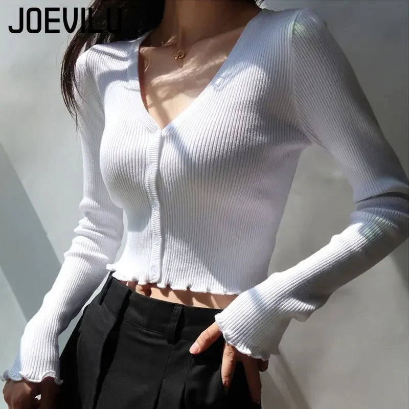 Sexy Knitted Cardigan V Neck Naked Navel Crop Tops Chic Fungus Hem Shirt Women's Spring and Summer Korean Versatile Y2k Sweater