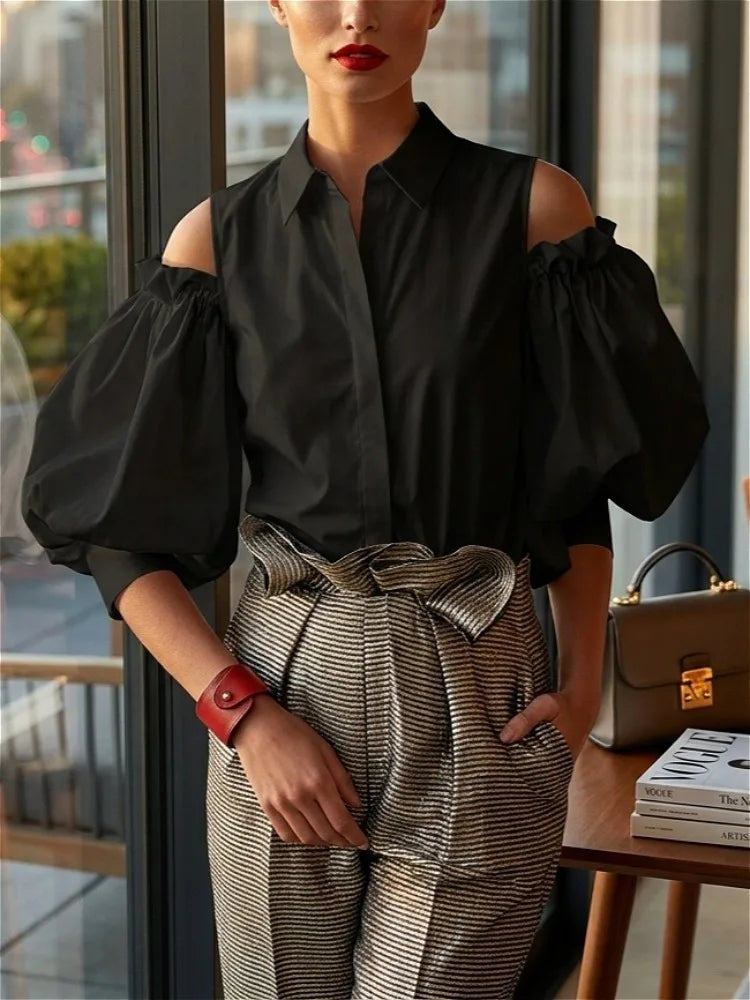 Modigirl New Fashion Women Tuxedo Blouse Shirts 2025 Summer Soild Color Cold Shoulder Office Party Leisure Black Tops for Women