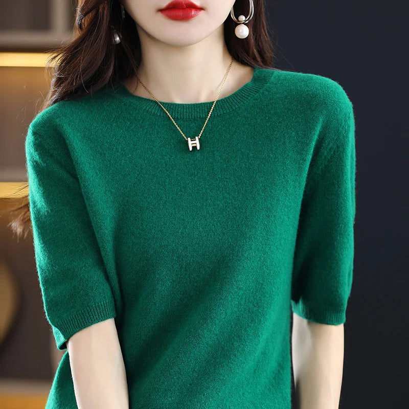 2025 New Spring Summer Women Sweater Short Sleeve O-Neck Pullover 100% Merino Wool Pure Color Knitted Jumper Female Clothing