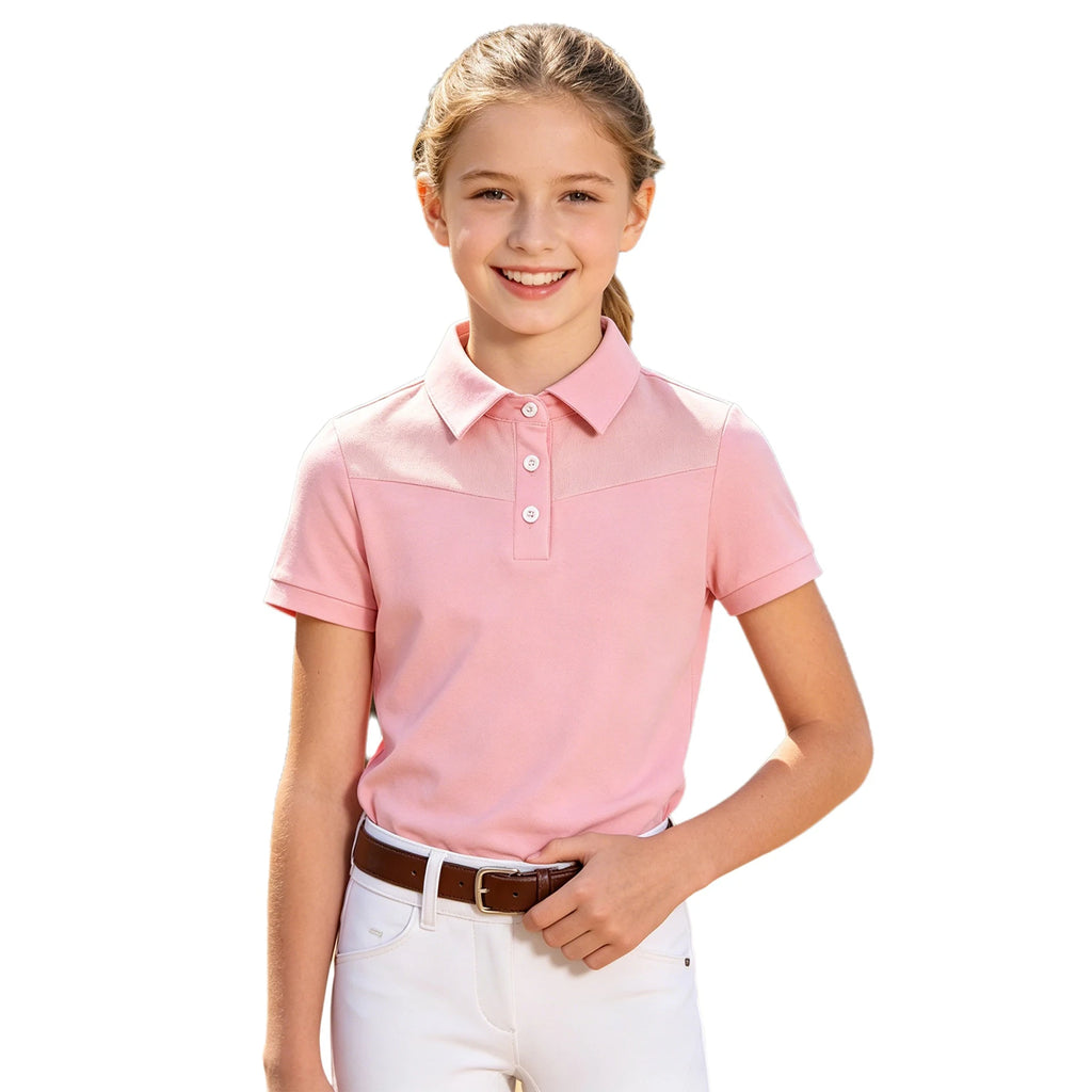 Kids Girls Horse Riding Shirts Short Sleeve Turn Down Collar Buttons T-shirt Closure Design Equestrian Costumes Sports Tops