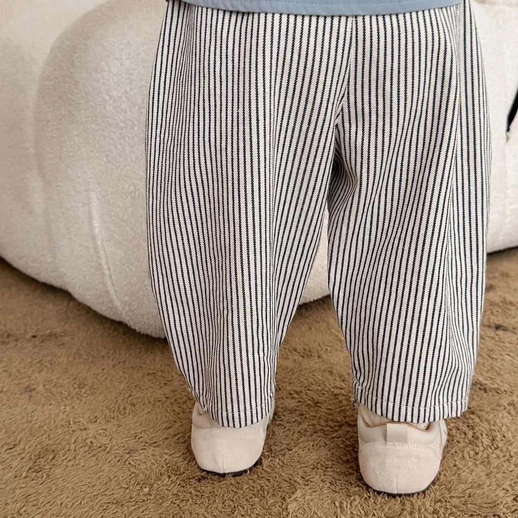 2026 Fall New Toddler Kids Pants Cotton Cartoon Embroidered Harem Pants Baby Boy Casual Striped Denim Baggy Trousers