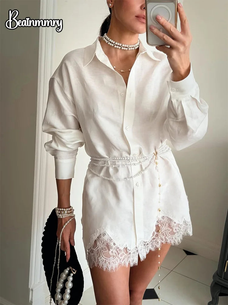 Lace Patchwork Women Mini Dress Long Sleeve Women O Neck Casual 2026 Straight Spring Female Dresses Casual Solid Beach Robes