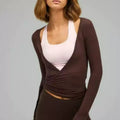Women Yoga Wrap Tie Tops Solid Long Sleeve Slim Fit Crop Tops Ballet Workout Yoga T-Shirts Tees Coquette Sweet Chic Tops