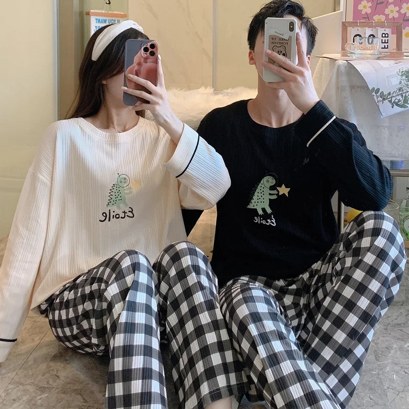 Cartoon Cute Pajamas Set For Women Men Cotton Couples Homewear Autumn Spring Long Sleep Tops Pant Nightwear Mujer hombre