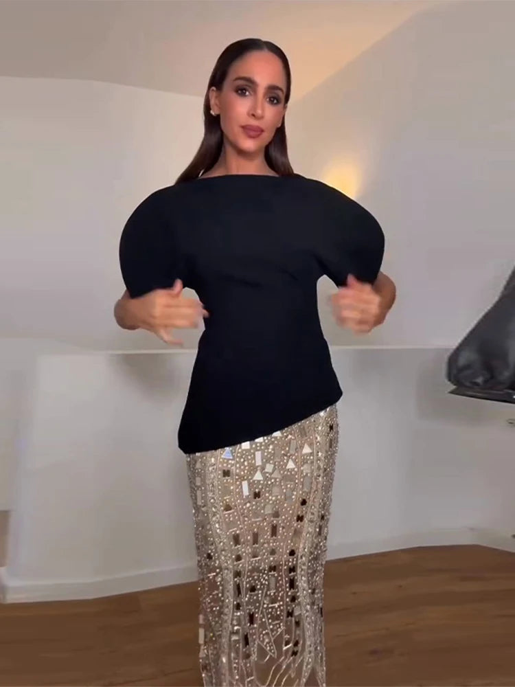 Elegant Short Puff Sleeve Shirt Women Asymmetry O-neck Waist-closed Zipper Black Blouse 2026 Spring Autumn Evening Tops Lady