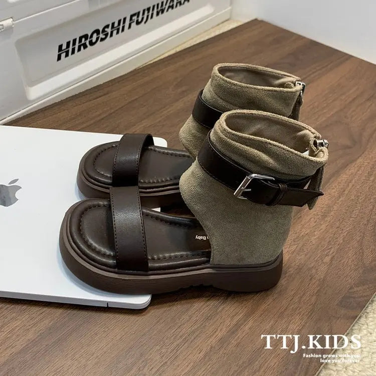 Kids Suede High Top Sandal Boots Single Buckle Back Zipper Thick Platform Sole For Summer Walking Outdoor Outings For Girls