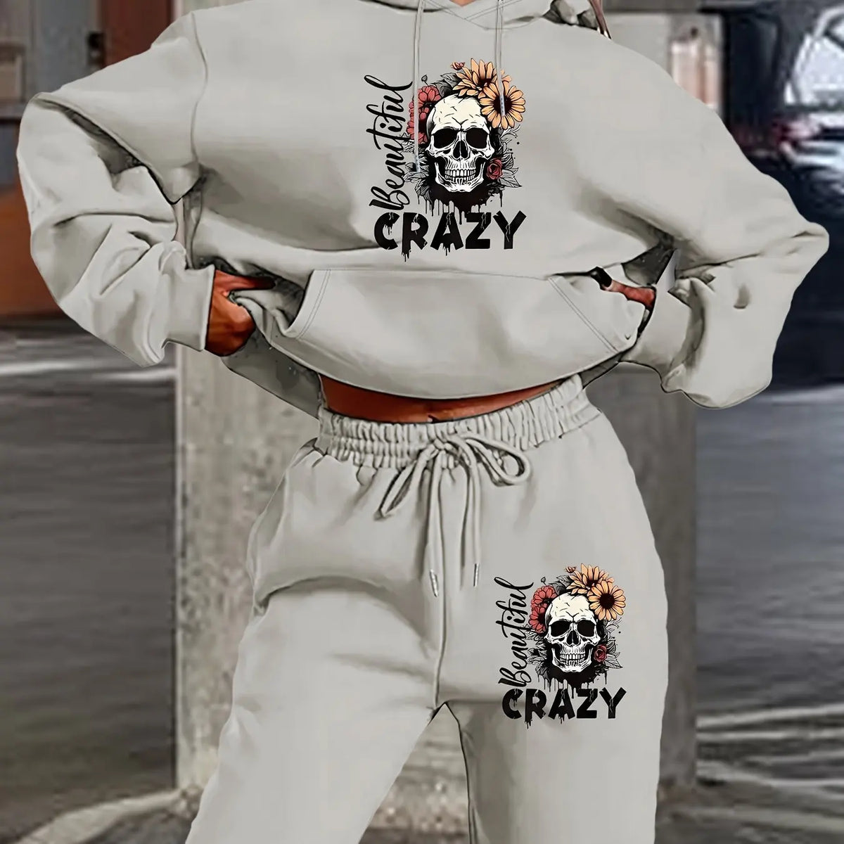 Women's Hoodie+Sports Pants Set Hip Hop Street Casual Skull Letter Printed Hoodie Loose Sports Shirt Autumn Warm Wool Clothing