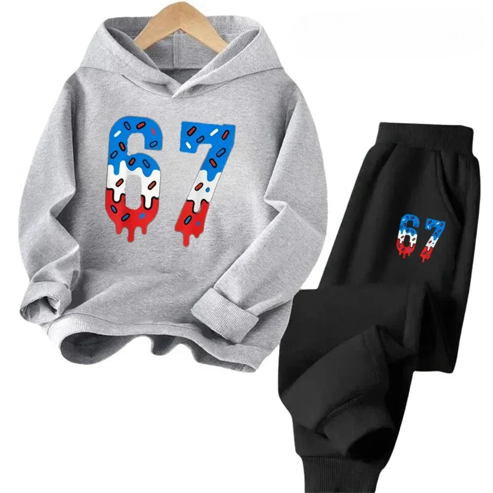 67 Chic Children's Hoodies Set 4-13Y Korean Streetwear Block Tracksuit Fashion Comfortable Kids Sweatshirt 2 Pcs Sets Pant Suit