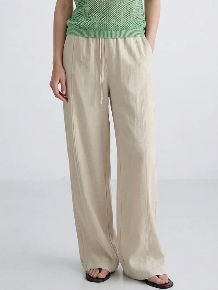 Cotton Summer Pants For Women Wide Leg Blue Trousers With Elastic Band Straight Leg Bottoms White Women's Pants Summer Loose