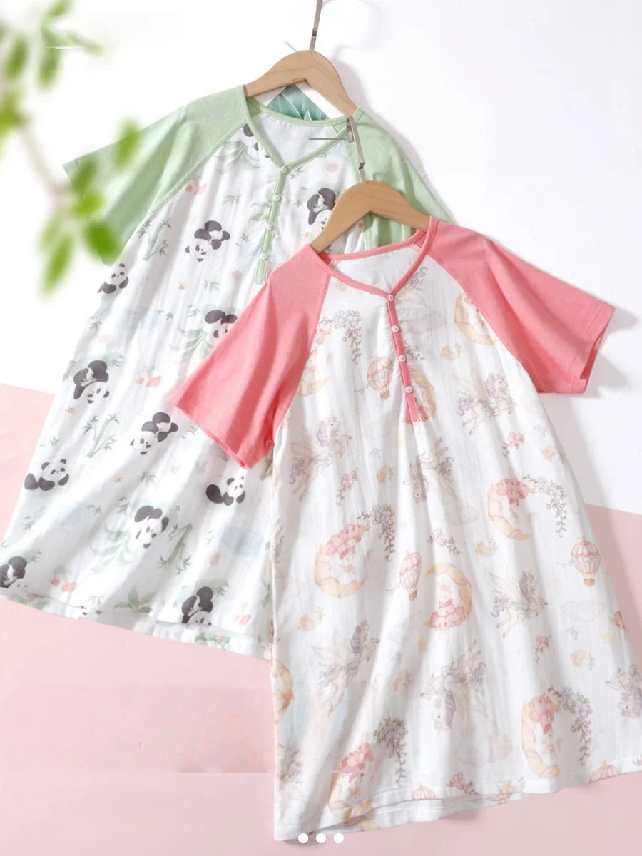 Lightweight Gauze Children's Summer Pajamas Breathable Cartoon Printed Girls' Nightgown Cute One-Piece Pajamas