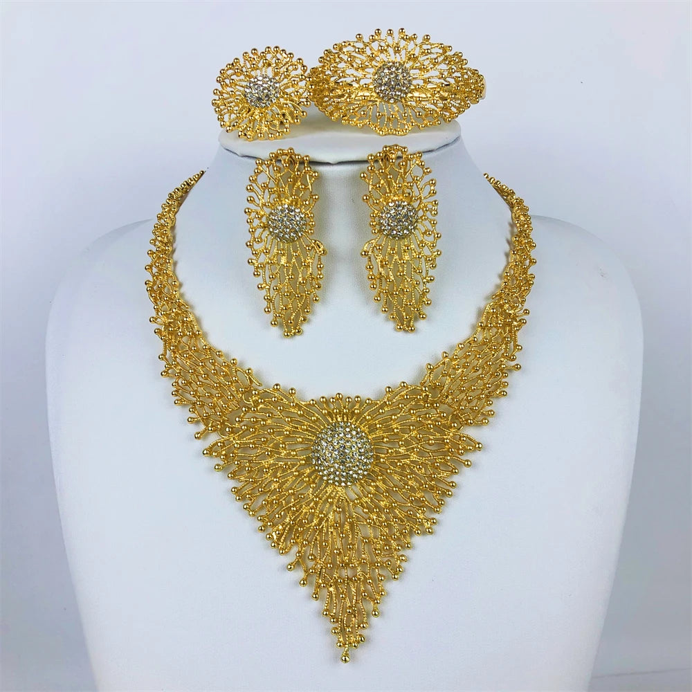 High Quality 18K Gold Plated Jewelry Sets For Women Luxury Design Necklace Earrings Bracelet And Ring Full Set Jewelry Trending