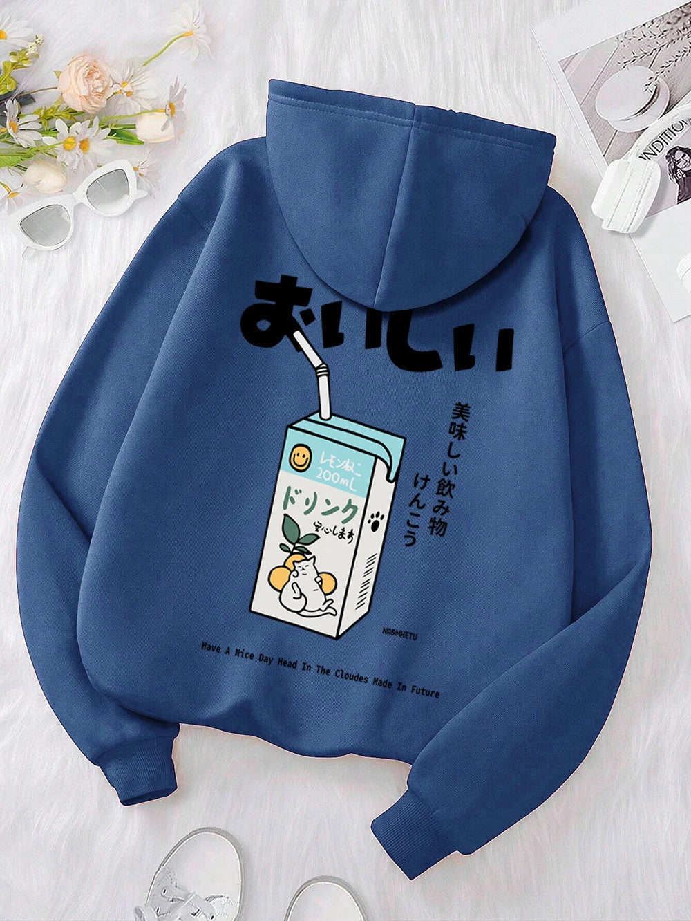 Kawaii Japanese Harajuku Cat Print Hoodie Men Women Fashion Loose Hoody O-Neck Casual New Sweatshirt Pocket Fleece Couple Hoody