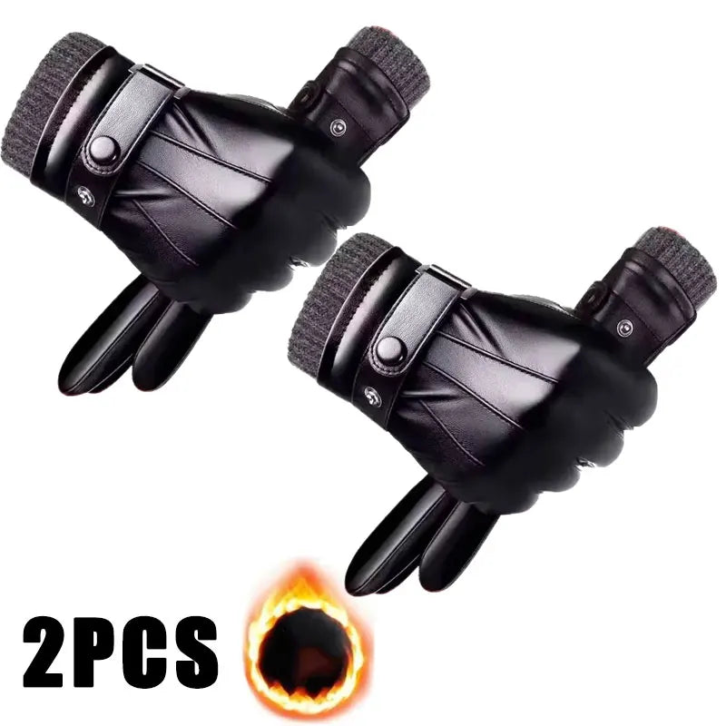 Winter Gloves for Men Genuine Leather Gloves Warm Plus Velvet Touch Screen Gloves Outdoor Cycling Driving Motorcycle PU Gloves