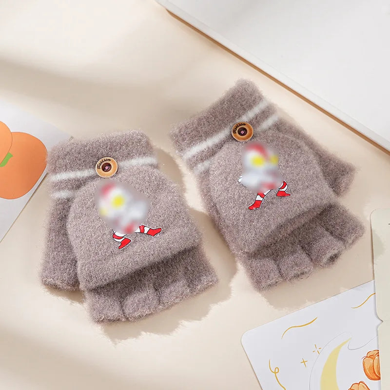 Children's Warm Gloves for Boys and Girls Cartoon Cute Half Finger Knitted Winter Flip Cover Baby Thick Cold Proof Five Fingers