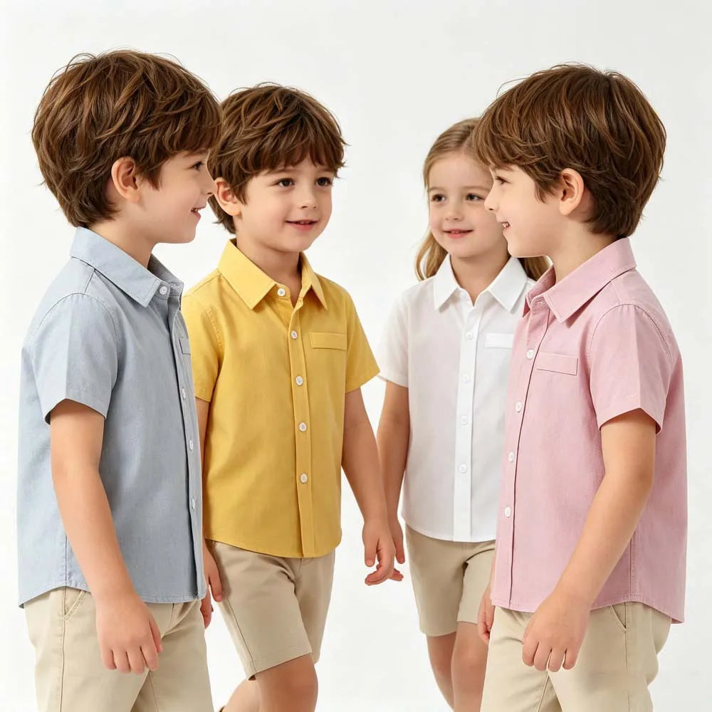 2-7Y Toddler Boys Cotton Button Up Shirts Solid Color Lapel Pocket Short Sleeve Kids Summer Casual School Outfit Blouses