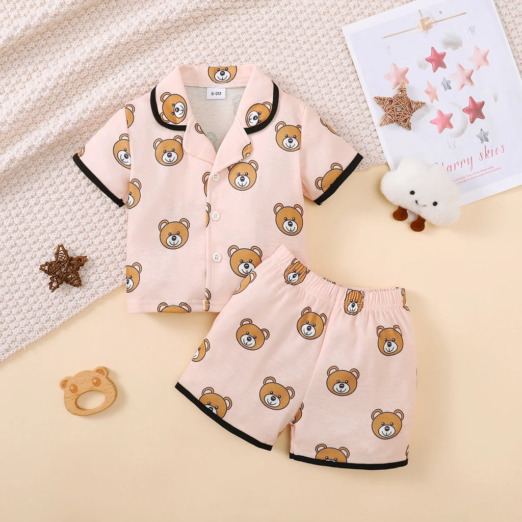 Children's Girls' Cartoon Pajamas Teddy Bear Strawberry print Short sleeved+Shorts 2Pcs/Set 0-3 Years old Cute Baby Girl Pajamas