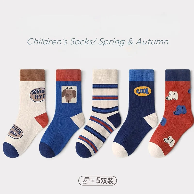 XJK Baby Socks Children Spring Socks Boys Funny Puppy Pattern Socks 5 Pairs Cotton Socks Kids Sock