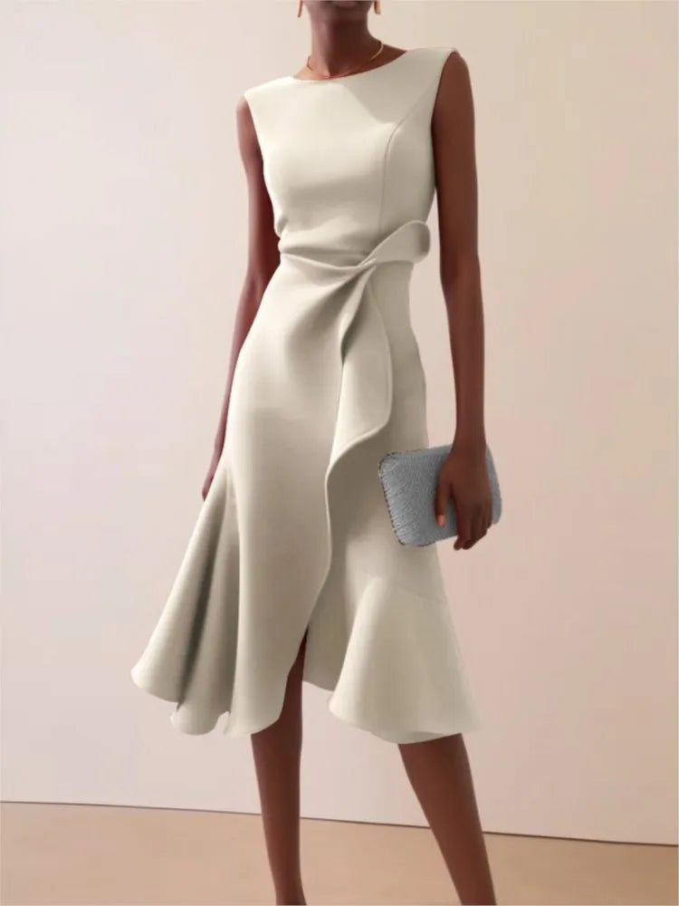 Woman's Foreign Style Party Prom Dress Summer Sexy Sleeveless Fashion Irregular Hem Midi Dresses Ladies Solid Color Vestidos