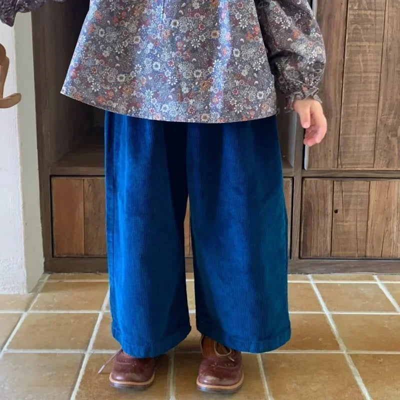 Children Clothing Kids Casual Pants Spring Autumn 2026 New Korean Style Solid Color Loose Simple Wide Leg Girls Corduroy Pants