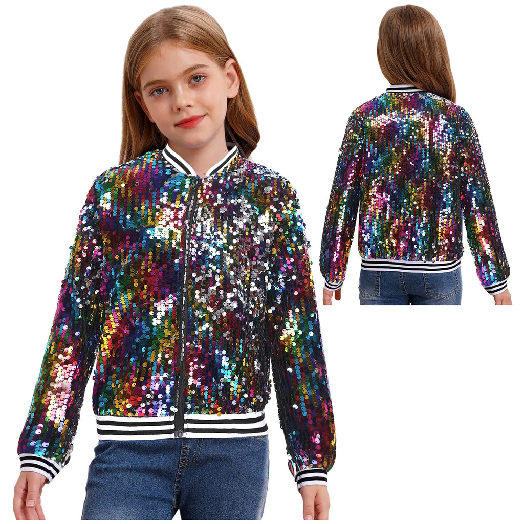 Kids Girls Long Sleeve Fashion Sequin Baseball Jacket Bomber Coat Hip Hop Jazz Street Dance Cheerleading Performance Dancewear