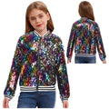 Kids Girls Long Sleeve Fashion Sequin Baseball Jacket Bomber Coat Hip Hop Jazz Street Dance Cheerleading Performance Dancewear