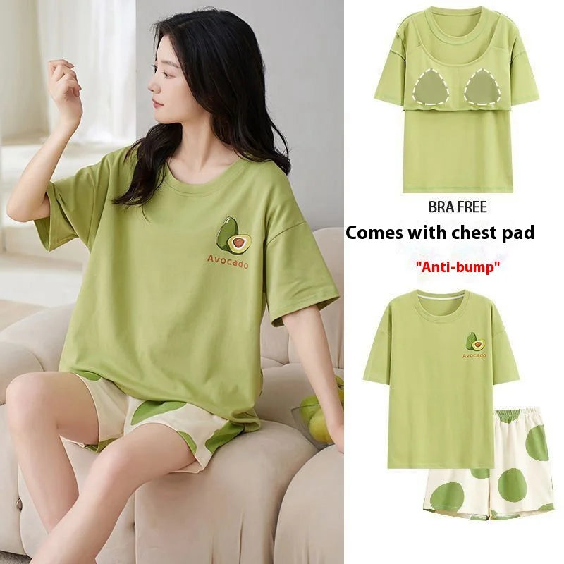 Pajamas Female Summer Short-Sleeved Set of Sweet with Chest Cushion Korean Version of the Cartoon Students Homewear Sleepwear
