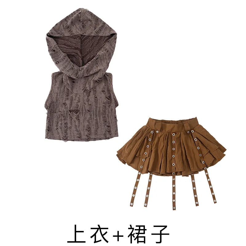 Boys Wasteland Street Dance Knitted Tank Top Skirt Girls Hip Hop Hoodies Clothes Sets Kids Jazz Costume Children Punk Streetwear