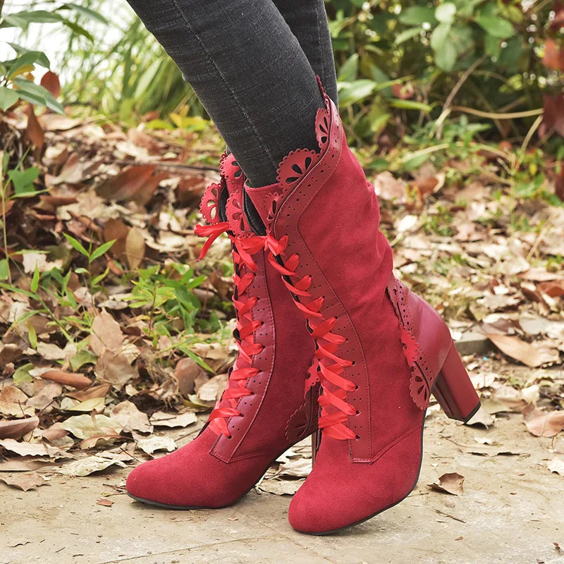 Women's Boots High Heel Boots Women Steampunk Women Sexy Leather Suede Boots Autumn Vintage Winter Shoes Lace Up