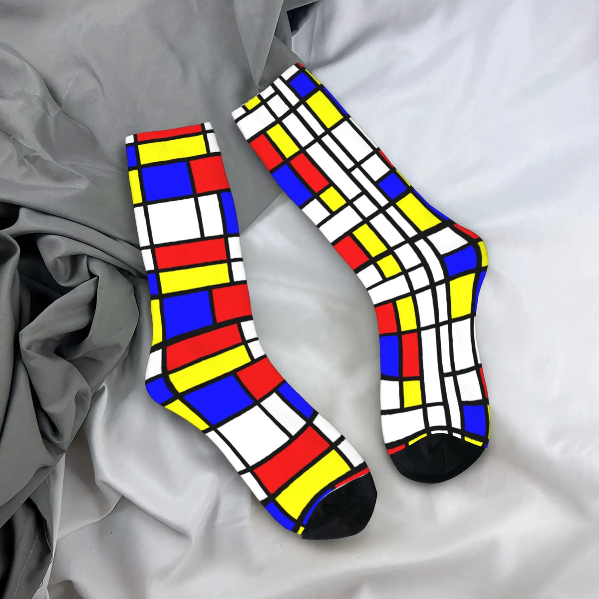 Custom Color Art Retro Mondrian Men Women Crew Socks Unisex Fashion 3D Printed Abstract Art Plaid Dress Socks