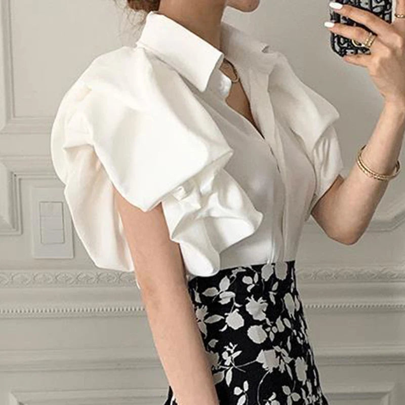 Gidyq Y2K Women Chiffon Black Shirts Summer Fashion Elegant Puff Sleeve Tops Korean All Match Female Casual Blouse New