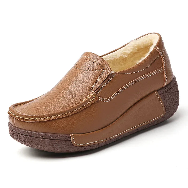 Spring and Summer Women Fashion Loafers Genuine Leather Moccasins Autumn Slip-on Casual Round Toe Wedge Platform Rocking Shoes