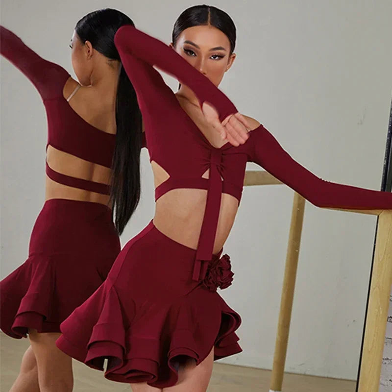 Kids Latin Dance Clothes for Girls Long SLeeves Short Top Skirt Rumba Samba Performance Competition Dress Burgundy Dress Suit