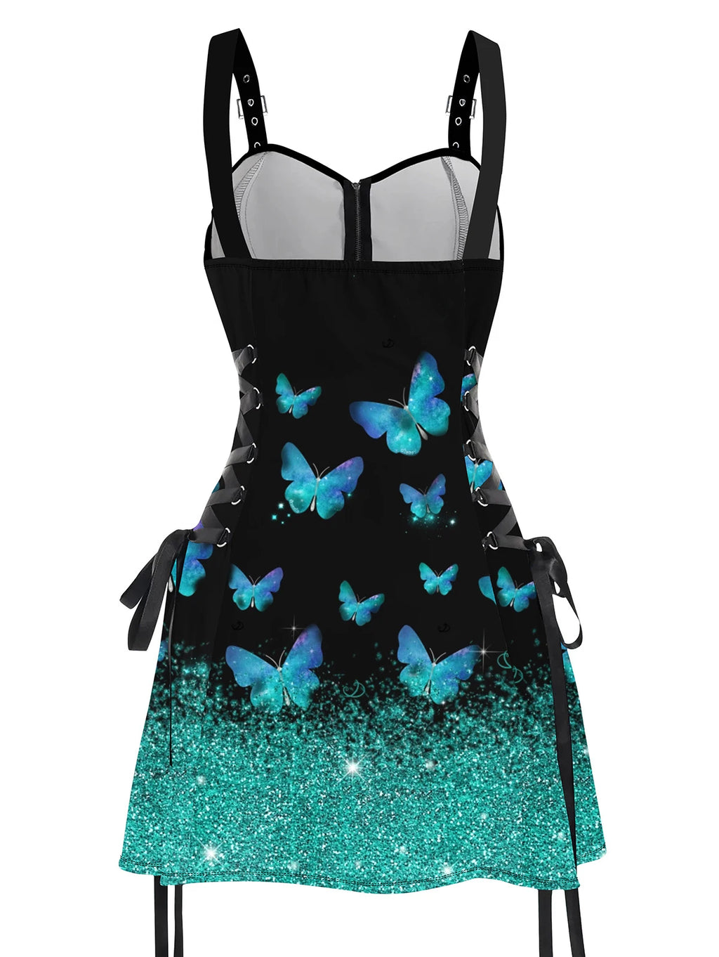 Dressfo 2025 Women's Sexy Sleeveless Dresses Shiny Butterfly Print Lace Up Half Zipper Buckle Strap Mini Dress Vestidos