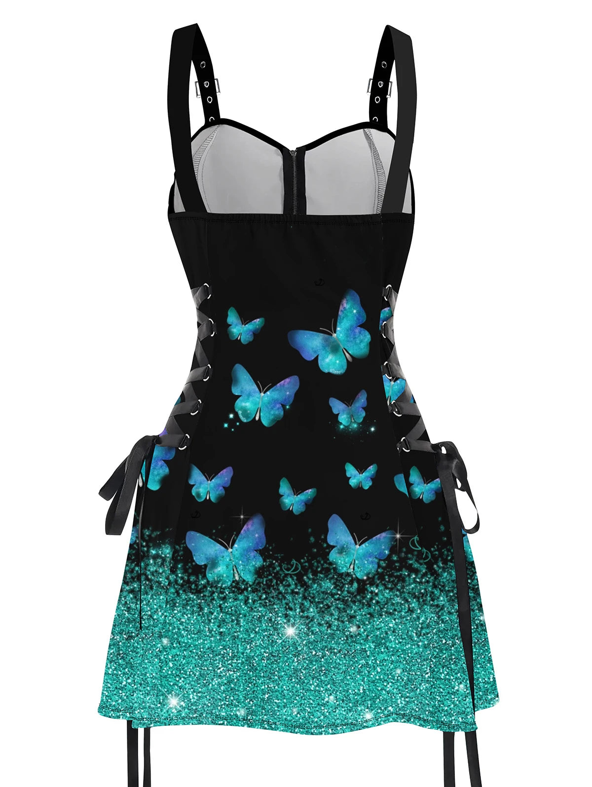 Dressfo 2025 Women's Sexy Sleeveless Dresses Shiny Butterfly Print Lace Up Half Zipper Buckle Strap Mini Dress Vestidos