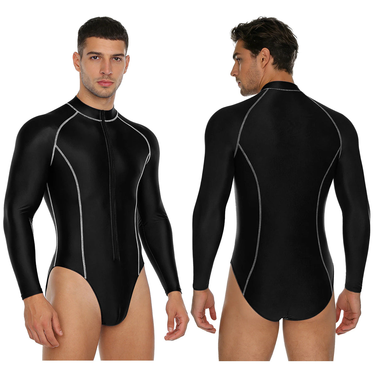 Men Swimsuit Glossy Bodysuit Rash Guard Wetsuit Swimwear Beach Surfing Sports Workout Romper Long Sleeve Zipper Silky Jumpsuit