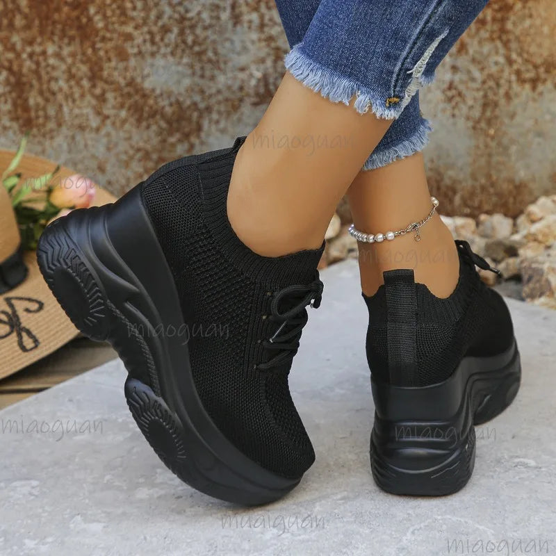 Black Knitted Wedges Heel Sneakers Women Spring Autumn Breathable Chunky Platform Sneakers Woman Slip on Mesh Sports Shoes 35-42