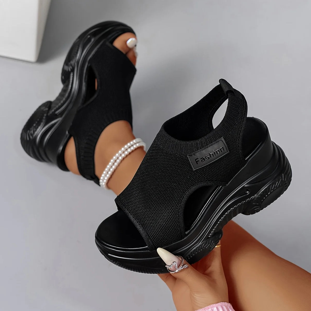 Women Fashion Platform Wedge Sandals Peep Toe Knit Mesh Breathable Lightweight Comfortable Sporty Walking Casual Outdoor Slides