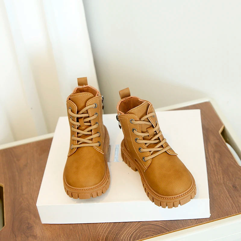 Children Ankle Boots Soild Color Retro Kids Short Boots Round Toes 2025 Autumn Winter New Boys Girls Leather Boots British Style