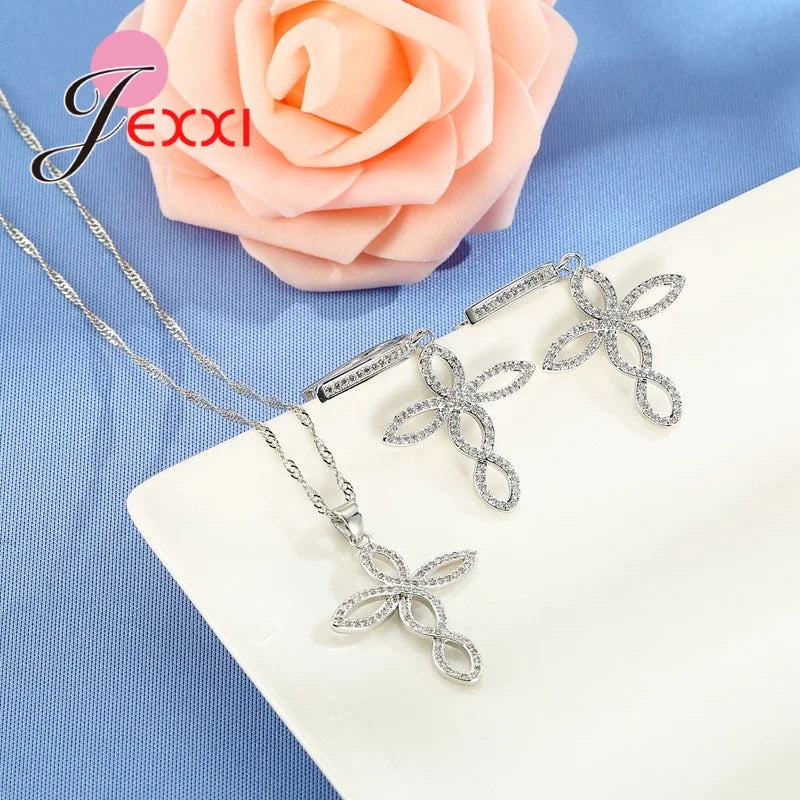 Women Wedding Jewelry Sets Charm Crystal Crooked Cross Pendant Necklaces Earrings Sets Shininy 925 Sterling Silver  Bijoux