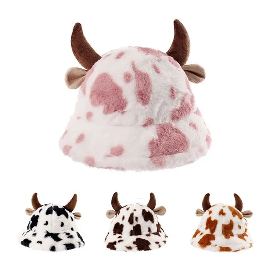 Women's Cow Print Horn Fisherman Hat - Korean Style, Fleece-Lined, Thickened & Warm Bucket Hat for Winter