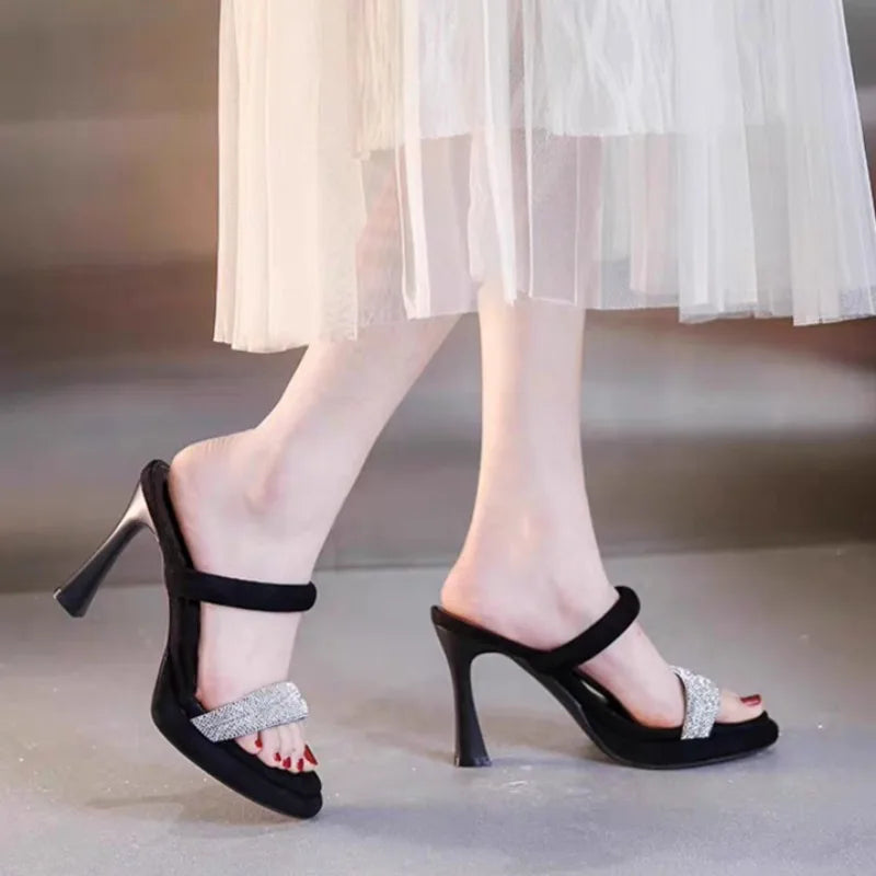 High Heel Sandals 2026 Summer New Round Rhinestone Platform Non-slip Wear-resistant Stiletto Slippers
