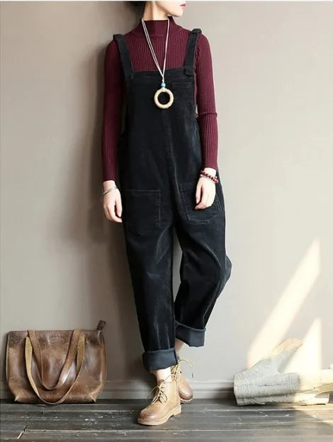 S-5XL Women Corduroy Jumpsuit Pocket Wide Leg Solid Color Loose Sleeveless Simple Autumn Playsuits Rompers Streetwear